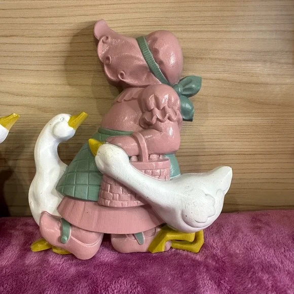Vintage Wall Decor Boy Girl Riding Geese Figurines Pink Green Yellow Set - Picture 2 of 9